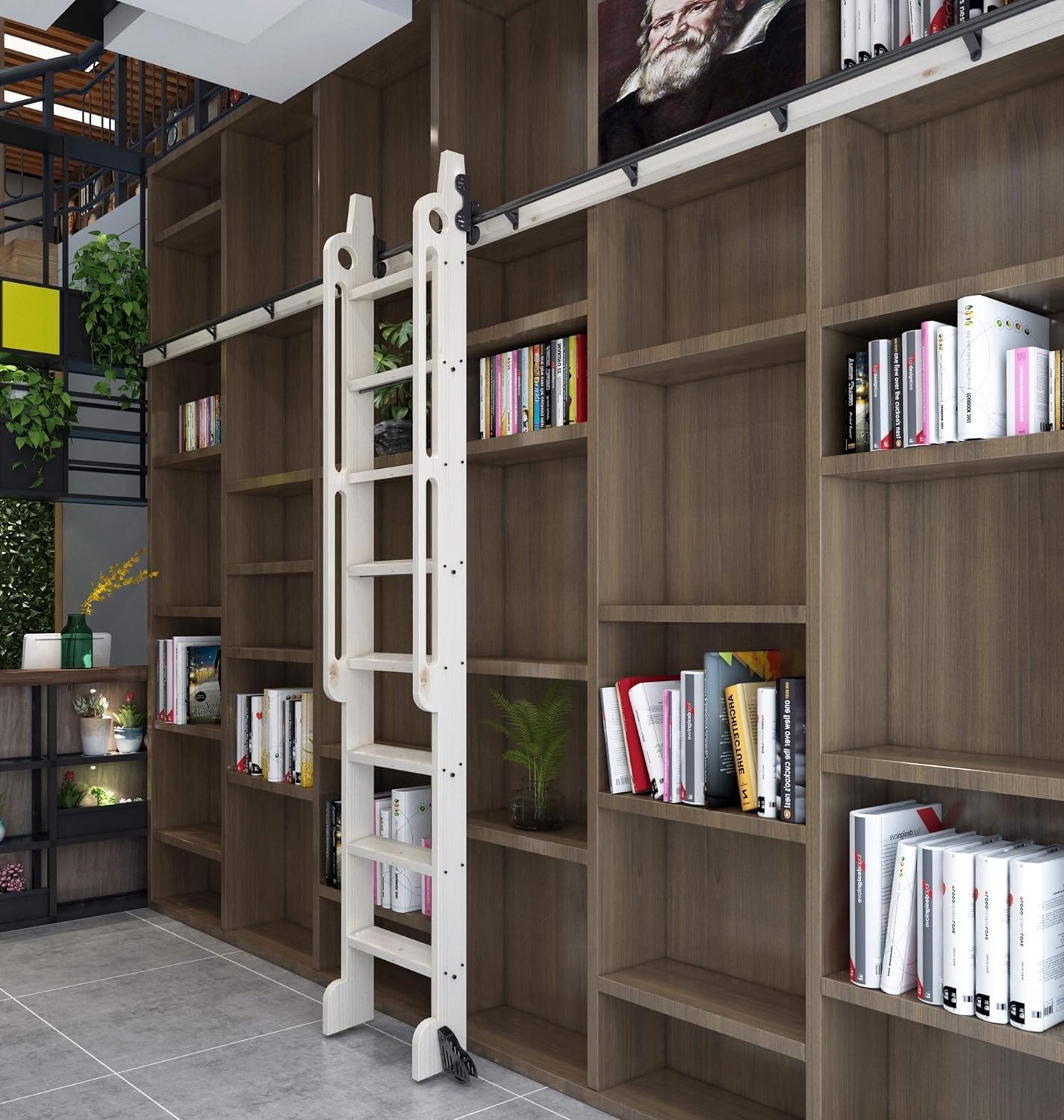 Rustykalna czarna okrągła rura przesuwna drabina biblioteczna zestaw torów z hamulcem, regulowany sprzęt rolkowy podłogowy do domu, wewnątrz, na poddaszu i bibliotece - opcje 20 stóp/600 cm i 700 cm