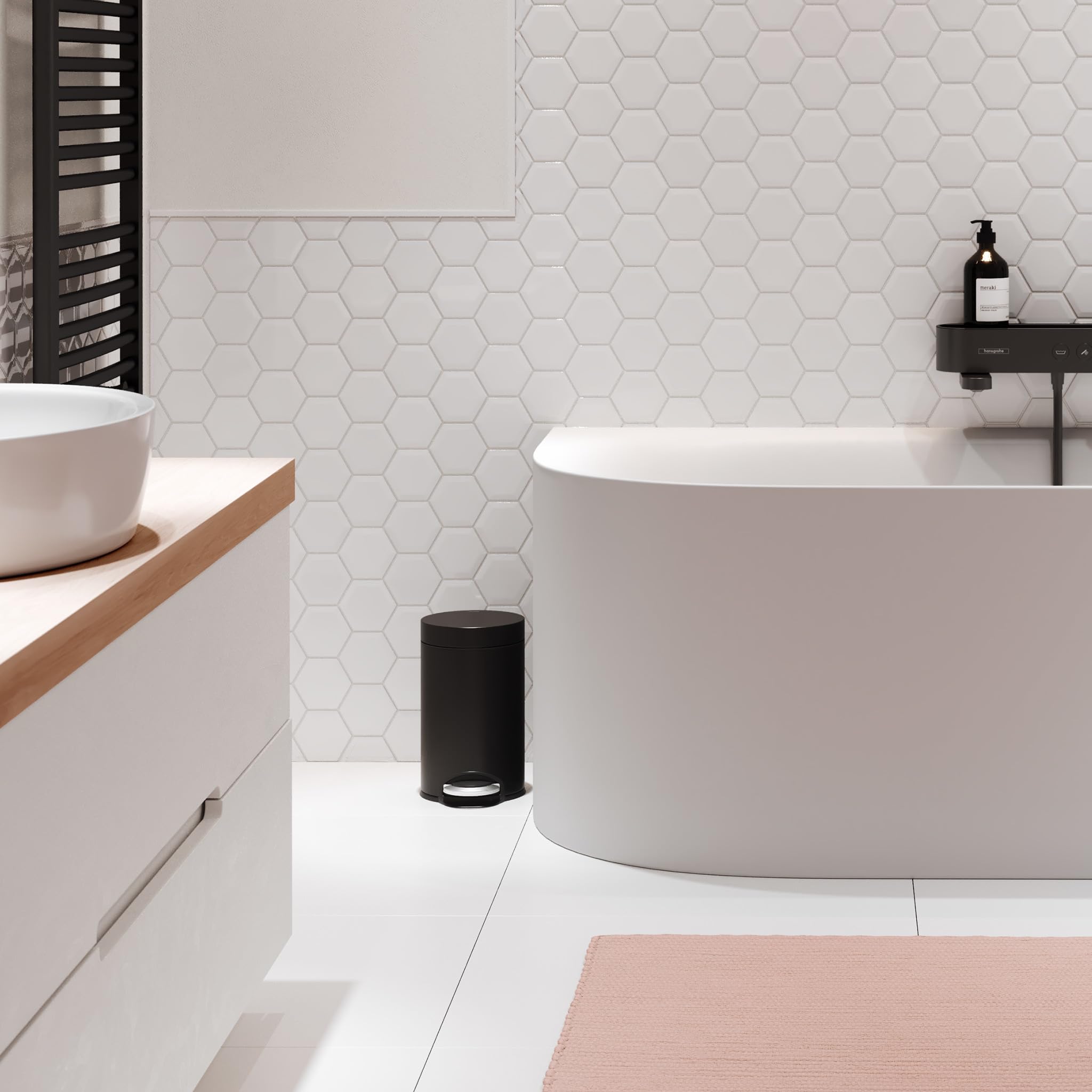 hansgrohe AddStoris - Badezimmer Mülleimer, Mülleimer Bad mit 3 l Fassungsvermögen, Kosmetikeimer, Treteimer, Badezimmer Zubehör, Mattschwarz, 41775670