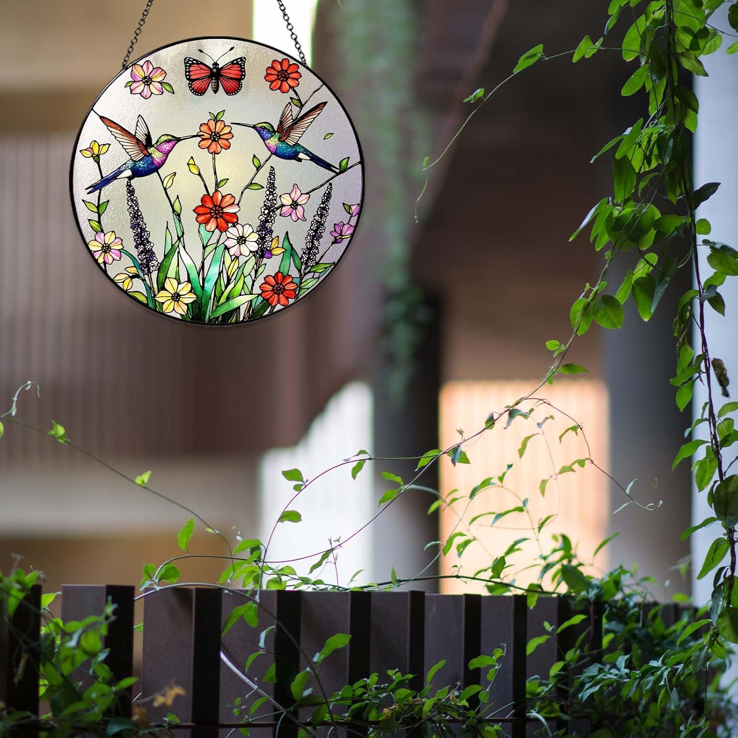 Hummingbirds & Flower Stained Glass Suncatcher Hanging Stained Glass for Window Gifts for Women Christmas Mother's Day Valentine's Day Decorations Holiday 7.8 inch Home Decorations