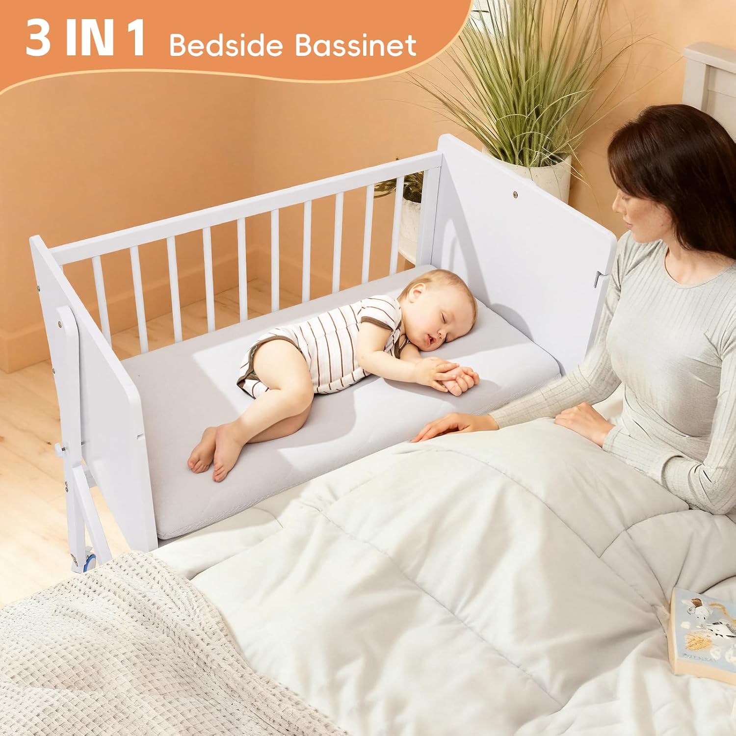 Rocking Bedside Baby Bassinet - 3-in-1 Baby Crib with Mattress,Wheeled Pine Wooden Bassinet Bedside Sleeper,Portable Co Sleeper for Small Room and Newborn