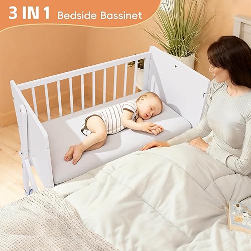 Miniatura 3 de Moisés mecedor para bebé, cuna 3 en 1 con colchón, cuna de madera de pino con ruedas, cuna portátil para habitación pequeña y recién nacido