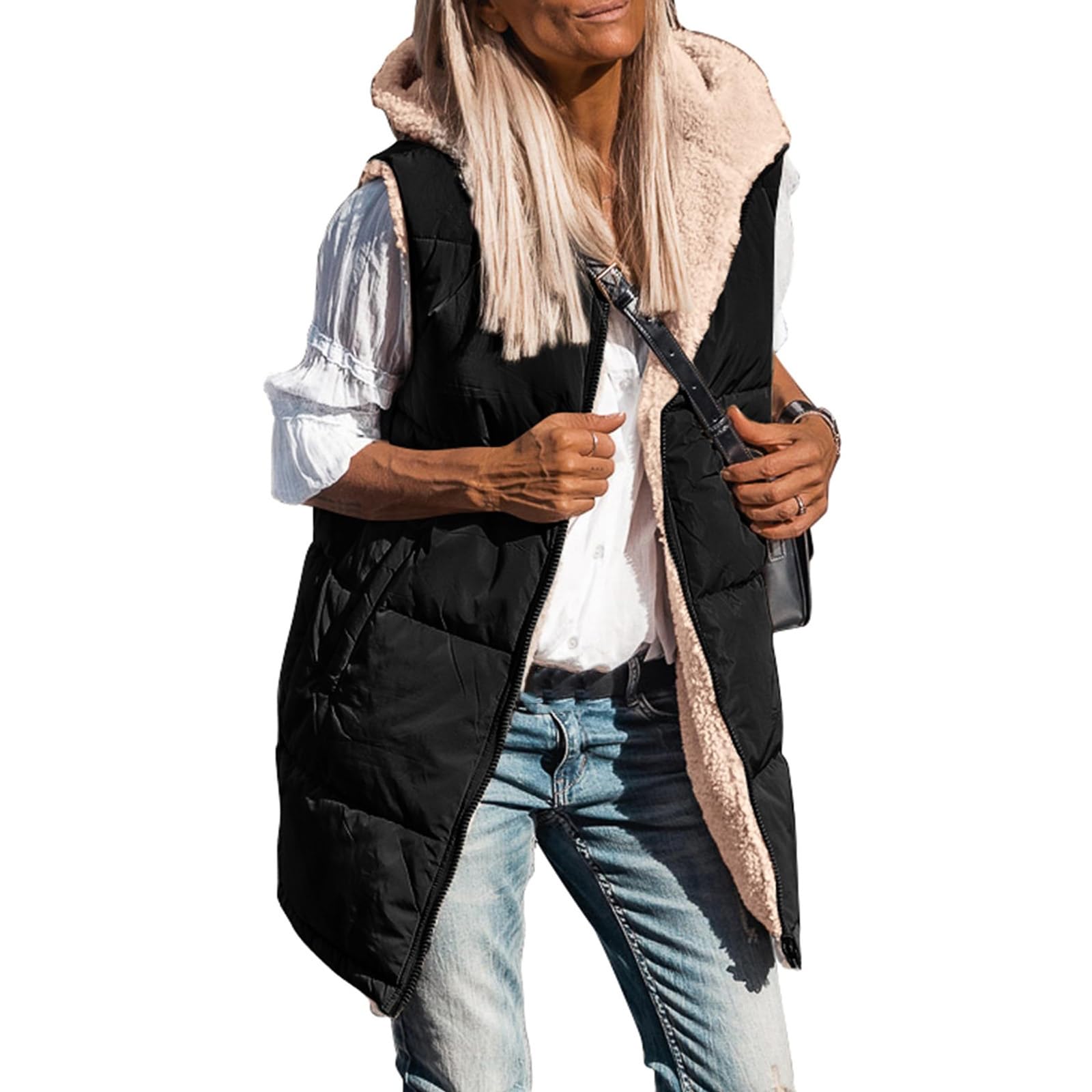 Gilet Réversible À Capuche Sans Manches Pour Veste Doublée En Polaire Avec Poches Fermeture Éclair Complète Vêtements D'extérieur Mode D'hiver Veste Réversible Sans Manches