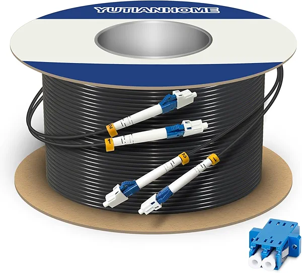 YUTIANHOME 1000ft/300m LC to LC Armored Outdoor Fiber Optic Cable, Single Mode Duplex Fiber Patch Cable, 9/125um LC Fiber Jumper, (OS1/OS2 Compatible), Low Friction LSZH, Black