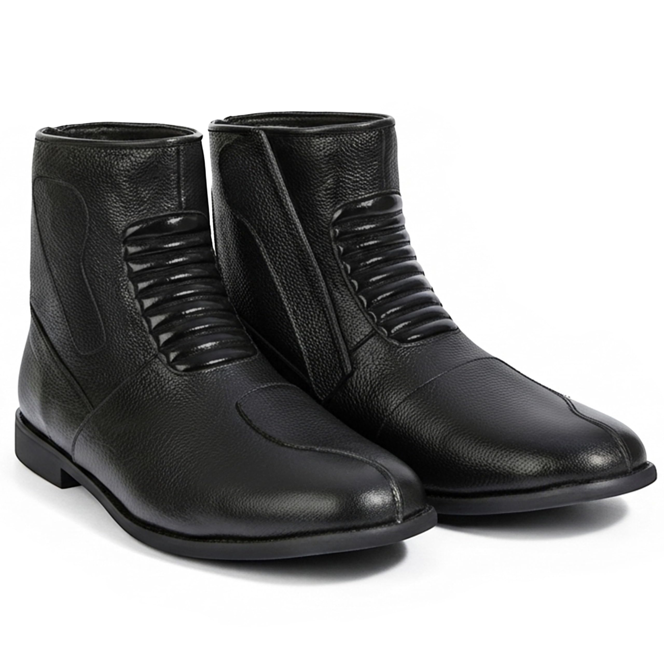 German Wear Motorradstiefel Herren aus Glattem Kalbsleder Wasserabweisende Motorradschuhe mit Seitenreißverschluss Verstärkter Fersen und Zehenbereich Rutschfester Gummisohle Schwarz