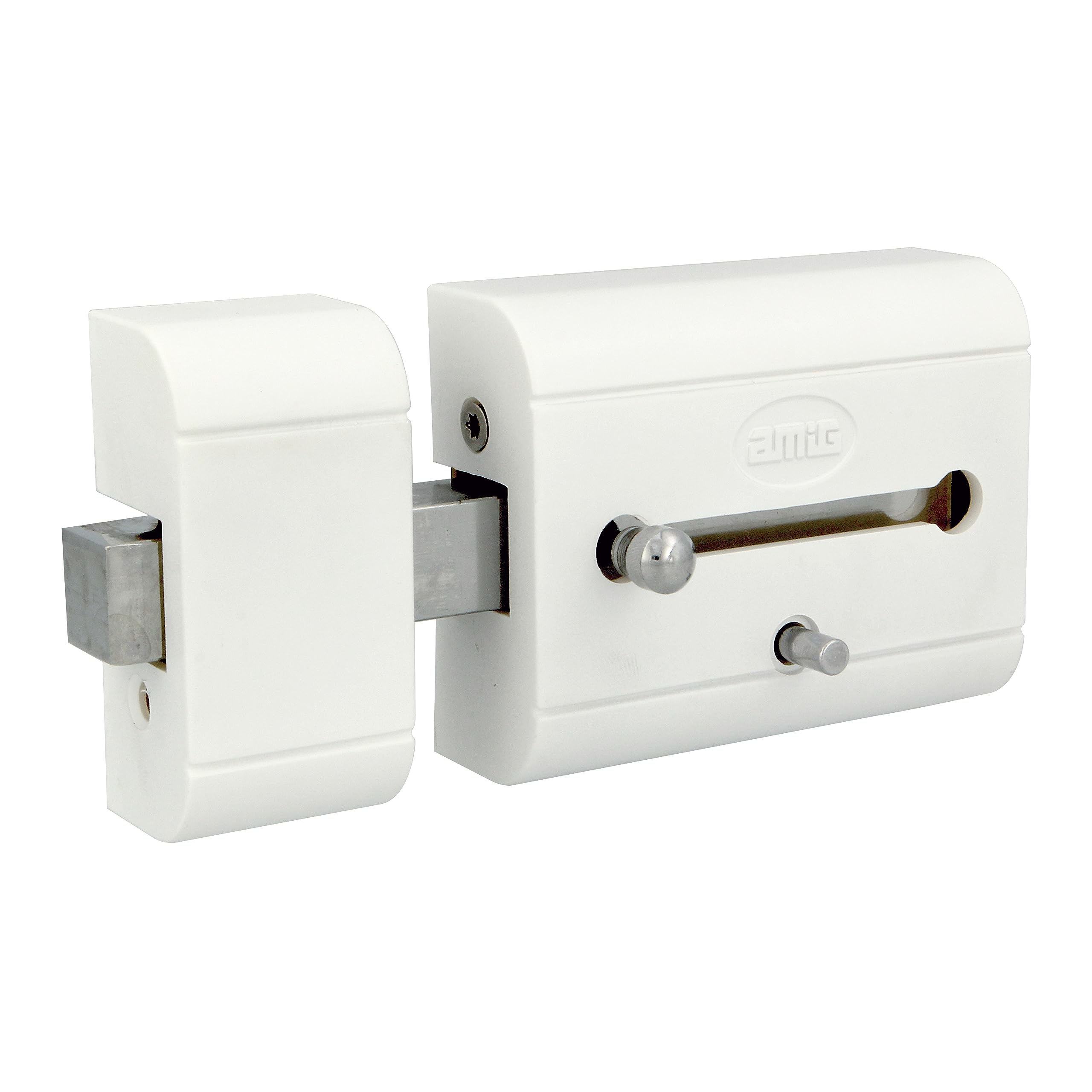 Amig - Verrou de suralimentation haute sécurité pour portes en bois | 98 x 77 mm | Avec cylindre rond de sécurité et verrou | Protection pour votre maison | Acier blanc