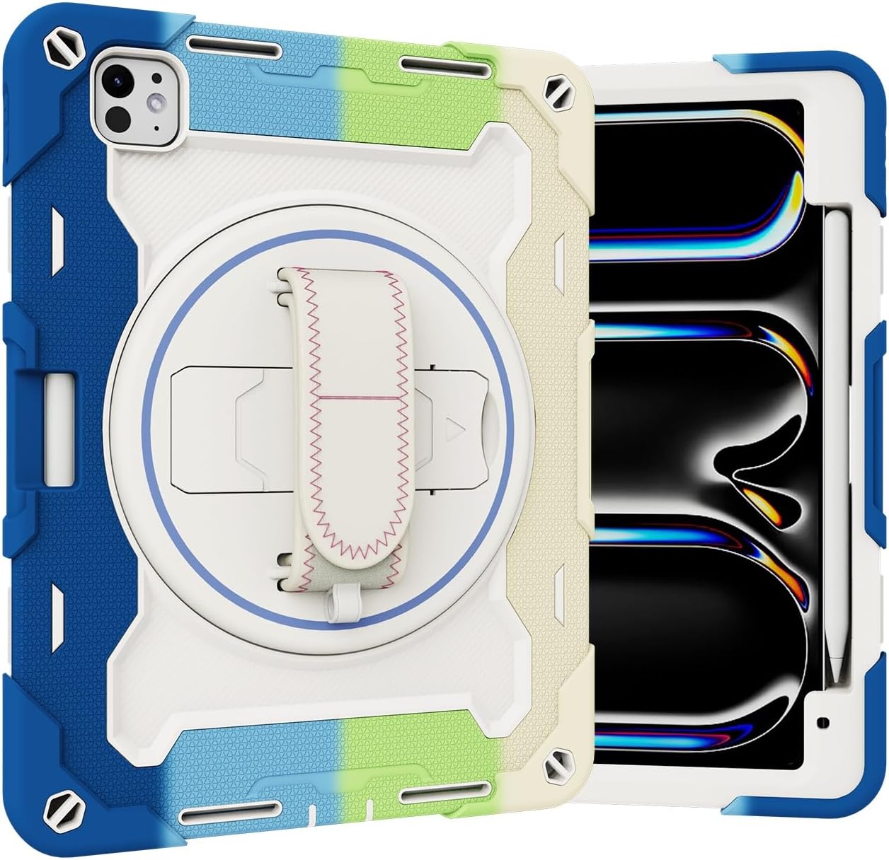 Tablet PC Bags Cases Sleeves Kids Case Compatible with iPad Pro 11inch 2024,Multi-Angle Elastic Bracket+360° Adjustable Swivel Hand Strap Three-in-one Shatter-Resistant Shell, Drop-Proof,Shoulder Stra
