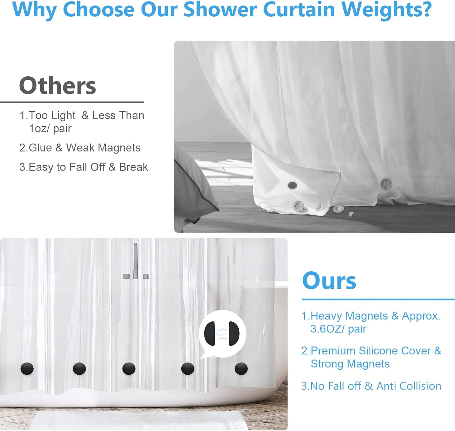 VANZAVANZU 5 Pairs Shower Curtain Weights, Silicone Wrapped Magnets, Heavy Duty Magnets Prevent Curtain Liner from Blowing, Rust-Free, Black