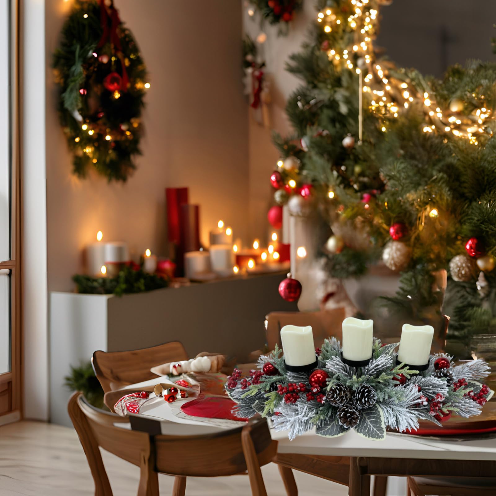 Svndlyn Portavelas de Navidad, 3 portavelas, centro de mesa de Navidad con ramas de pino nevadas, piñas, bayas rojas