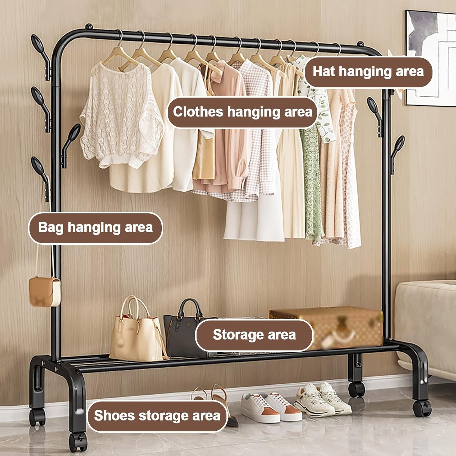 金属製ローリング衣類ラック 独立 高耐久 衣類スタンド 組み立て簡単 コートハンガー サポート付き スタイリッシュ ナイザー ホーム