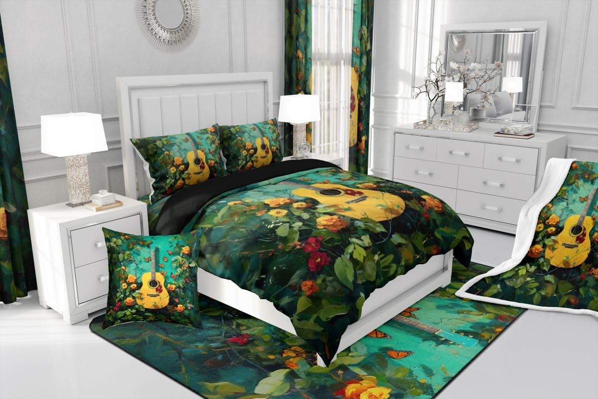 Homewish Tappeto con chitarra musicale, 100 x 150 cm, per camera da letto | Tappeto con motivo floreale e chitarra, per soggiorno, tema musica rock, non perde pelo, verde, stile vintage