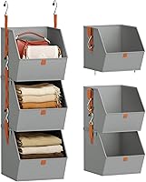 Vista 8 de Collapsible Hanging Closet Organizer - 3 Tier Closet Shelves Storage System with Hooks, Fabric Hanging Storage Bins for Clothes, Foldable Storage