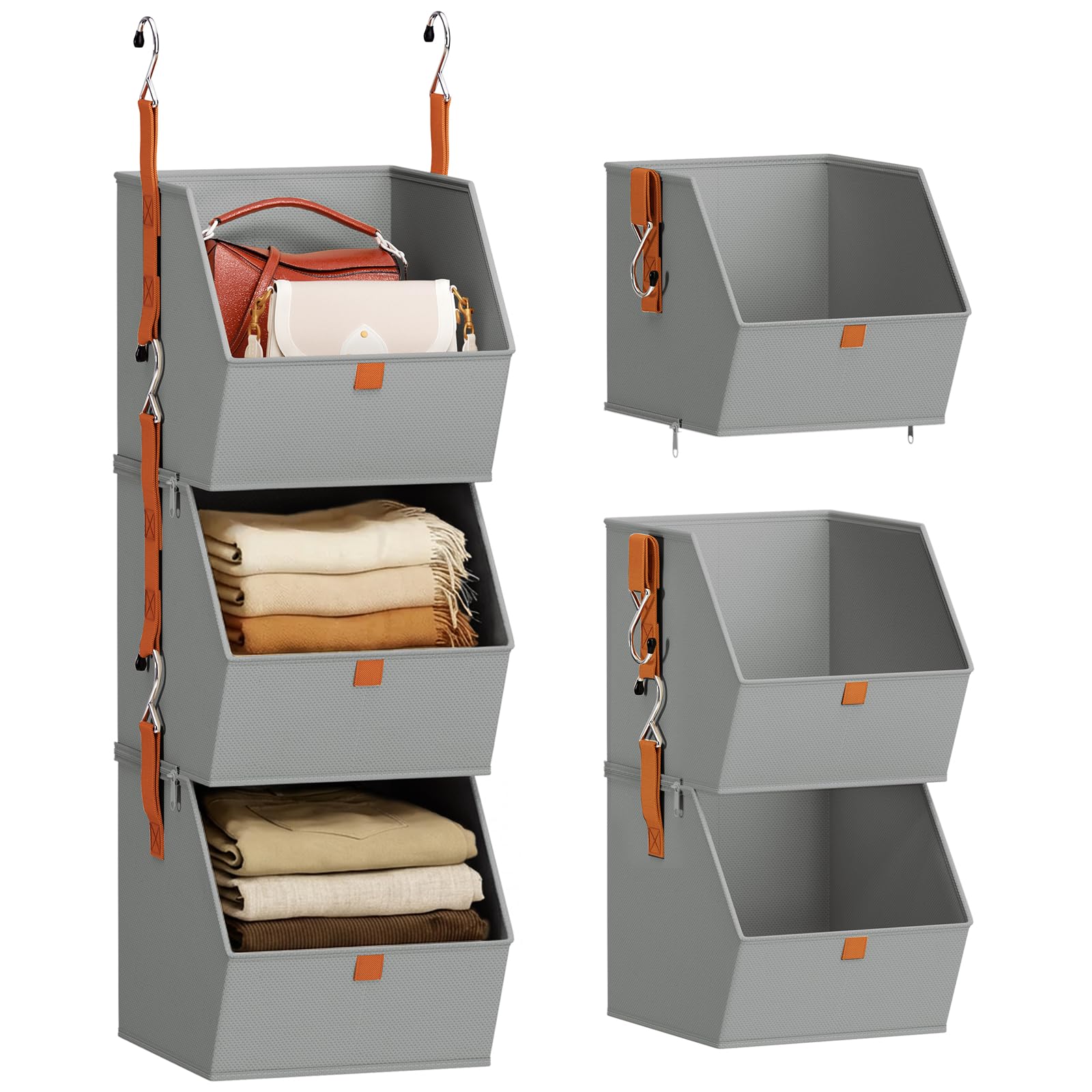 Homsorout Collapsible Hanging Closet Organizer - 3 Tier Closet Shelves Storage System with Hooks, Fabric Hanging Storage Bins for Clothes, Foldable Storage Basket for Laundry, Bedroom, Rv, Grey