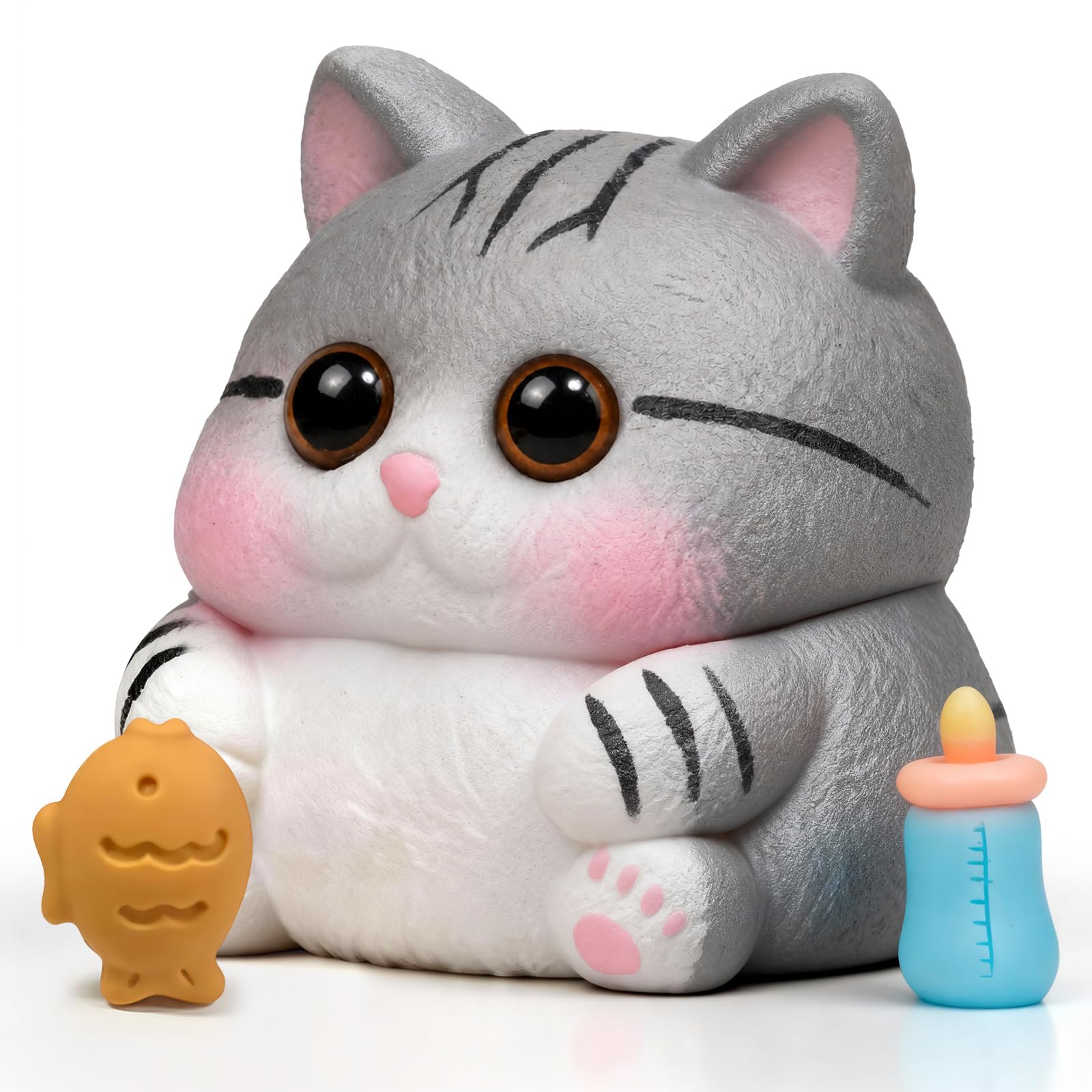 Cat Squishy Toys, Soft TPR Sensory Fidget Squeeze Toy | Silver Tabby Cat, Stress Relief Toy for Kids and Adults, Cute Accessories,Hanging Chain, Birthday Gift, Party Favor