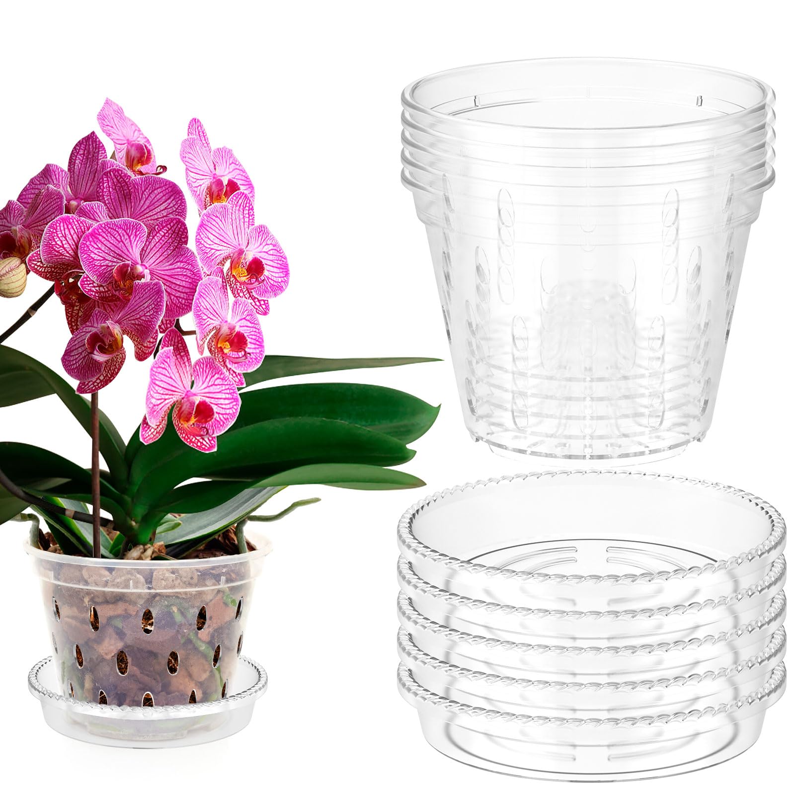 HAIJED 5Pcs Clear Orchid Pot with Drainage Holes, Plastic Slotted Orchid Pots with Saucers, Breathable Flower Plant Pot Nursery Pots for Orchids Repotting Kit (5 inch)