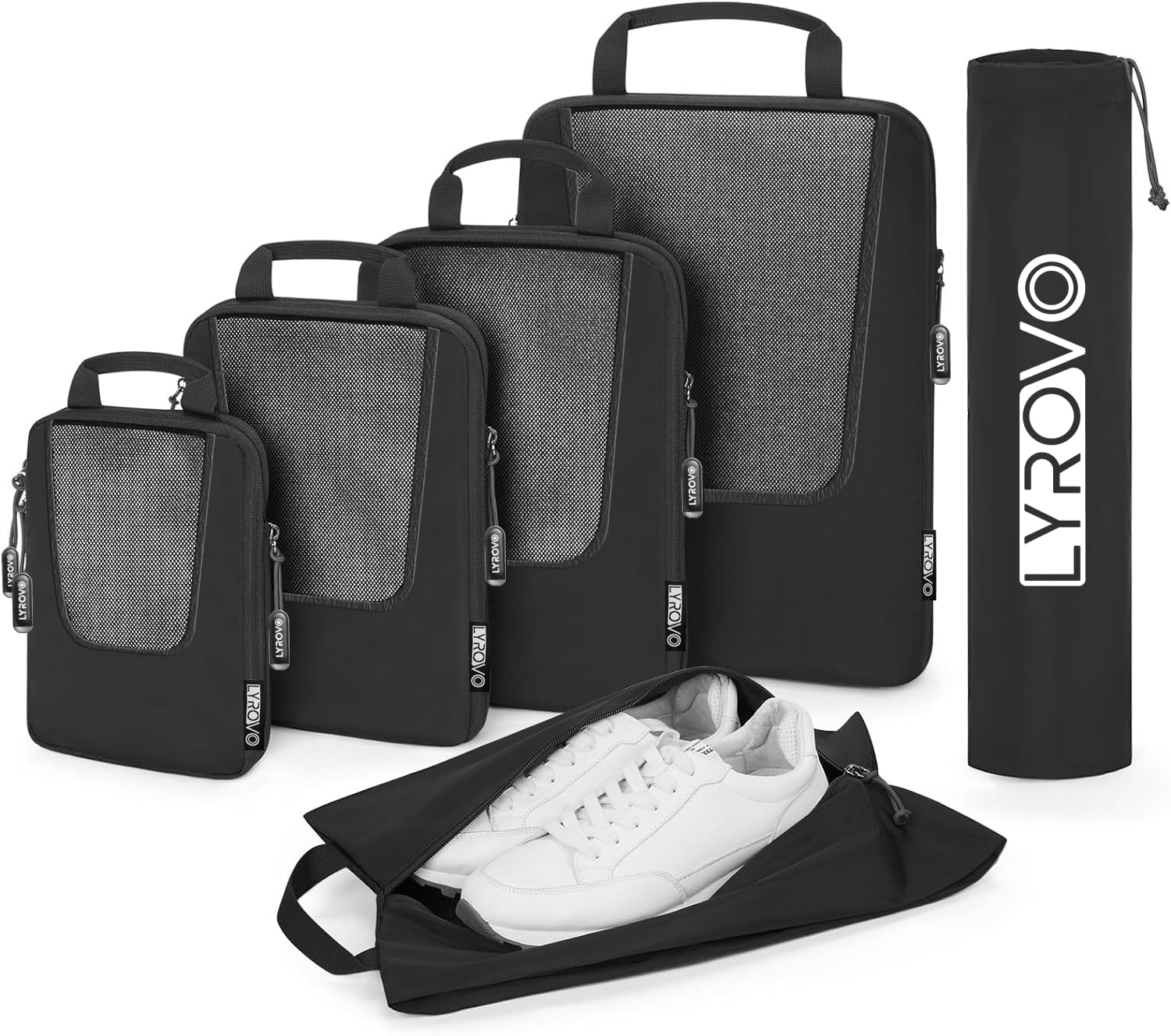 Polyester 6 Set Compression Packing Cubes Travel Accessories Expandable Packing Organizers Pouch (Black)