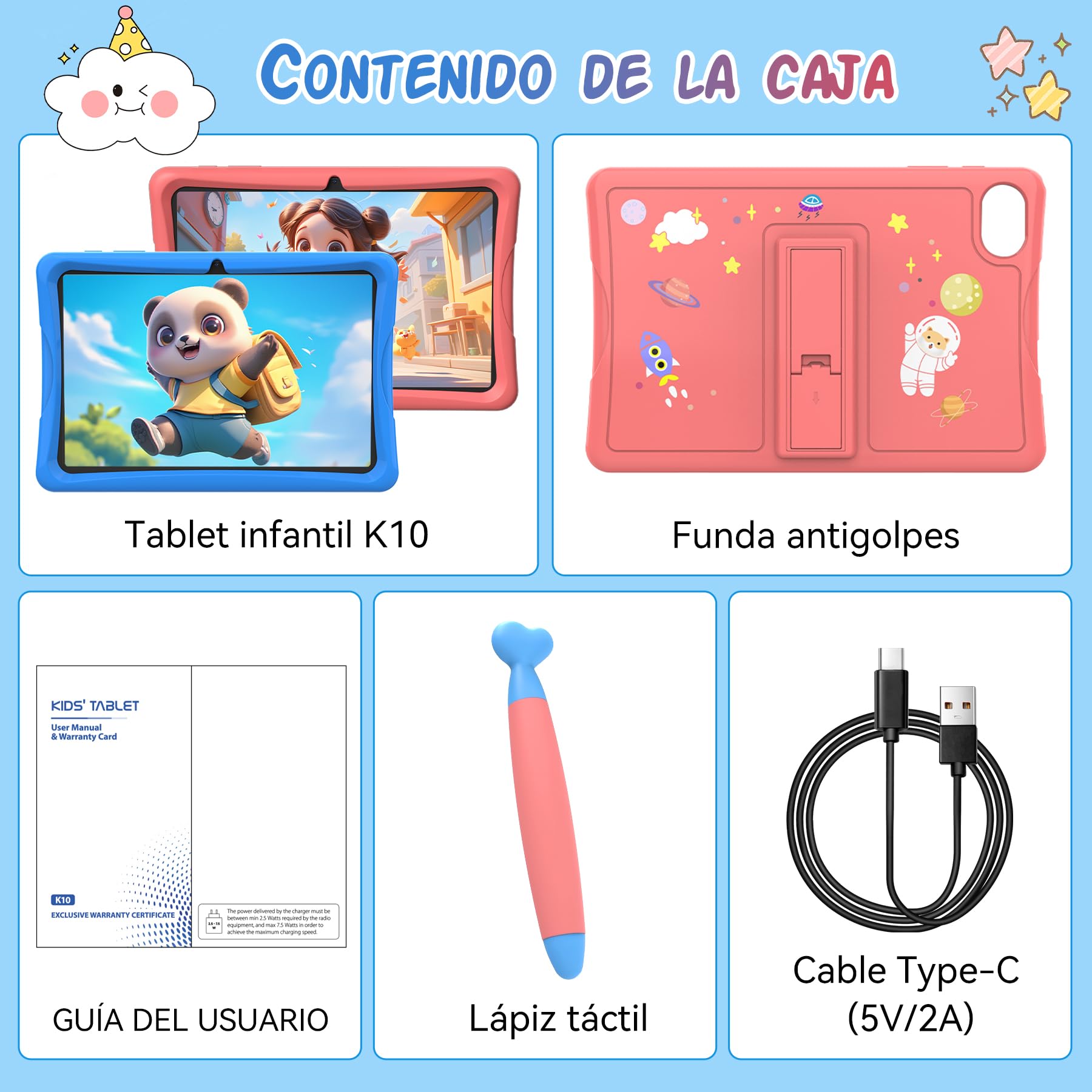 TABWEE K10 Tablet para Niños 10 Pulgadas, 12 GB RAM+64 GB ROM (TF 2 TB) | Tableta Infantil con Google Kids Space, Tableta Educativa para Niños con Wi-Fi, Control Parental, Funda Rosa