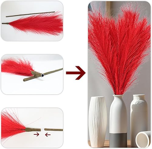 Miniatura 2 de MAKHOT 5 piezas de hierba roja artificial de las pampas alta esponjosa, junco de junco sintético desmontable para relleno de jarrón alto, relleno