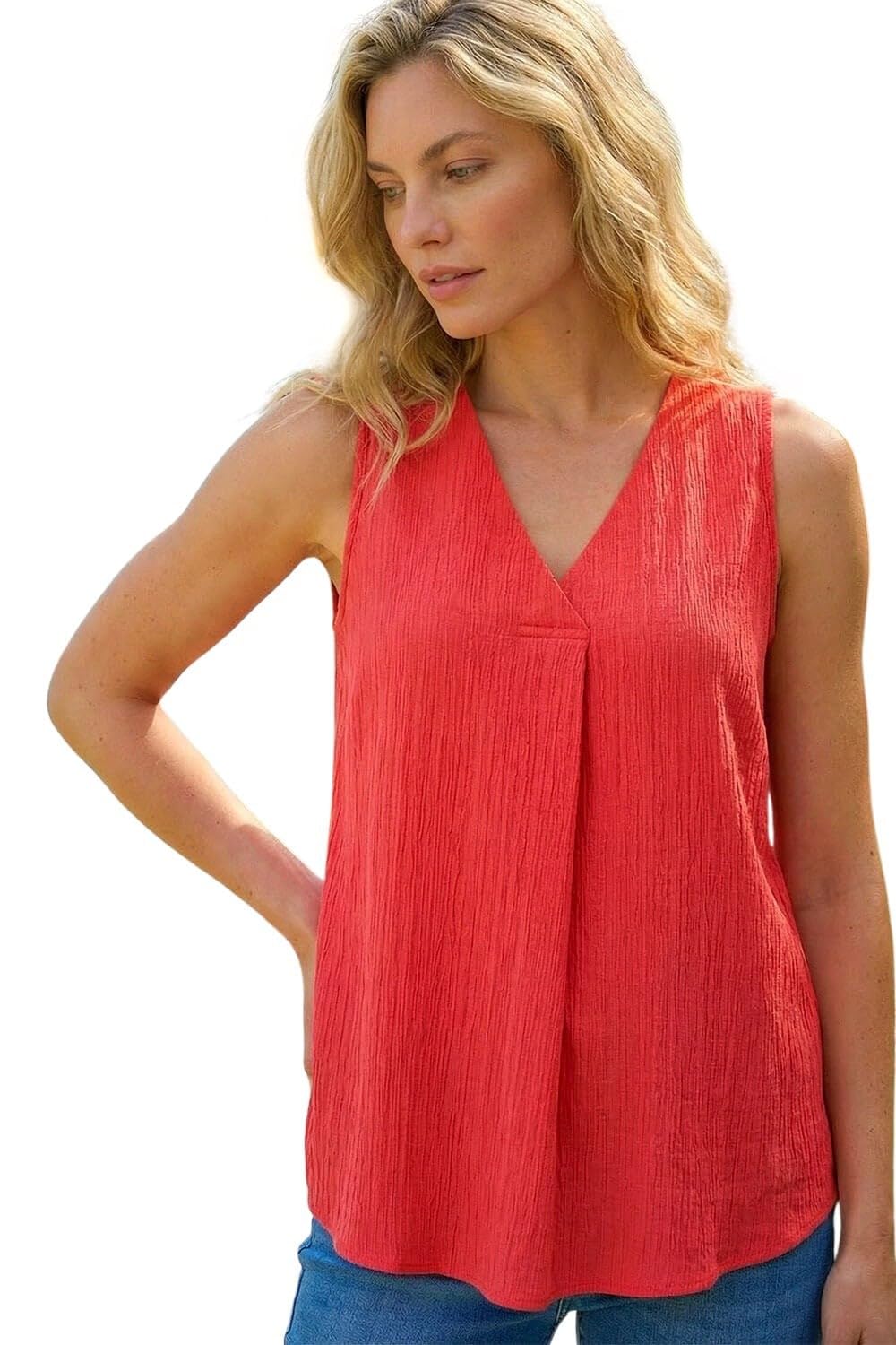Roman Originals Women's Coral Pleated Vest Tank Top Sleeveless Blouse Shirt Tunic Summer Autumn Holiday V-Neck Work Office Cocktail Party Special Occassion Going Out - Size 14