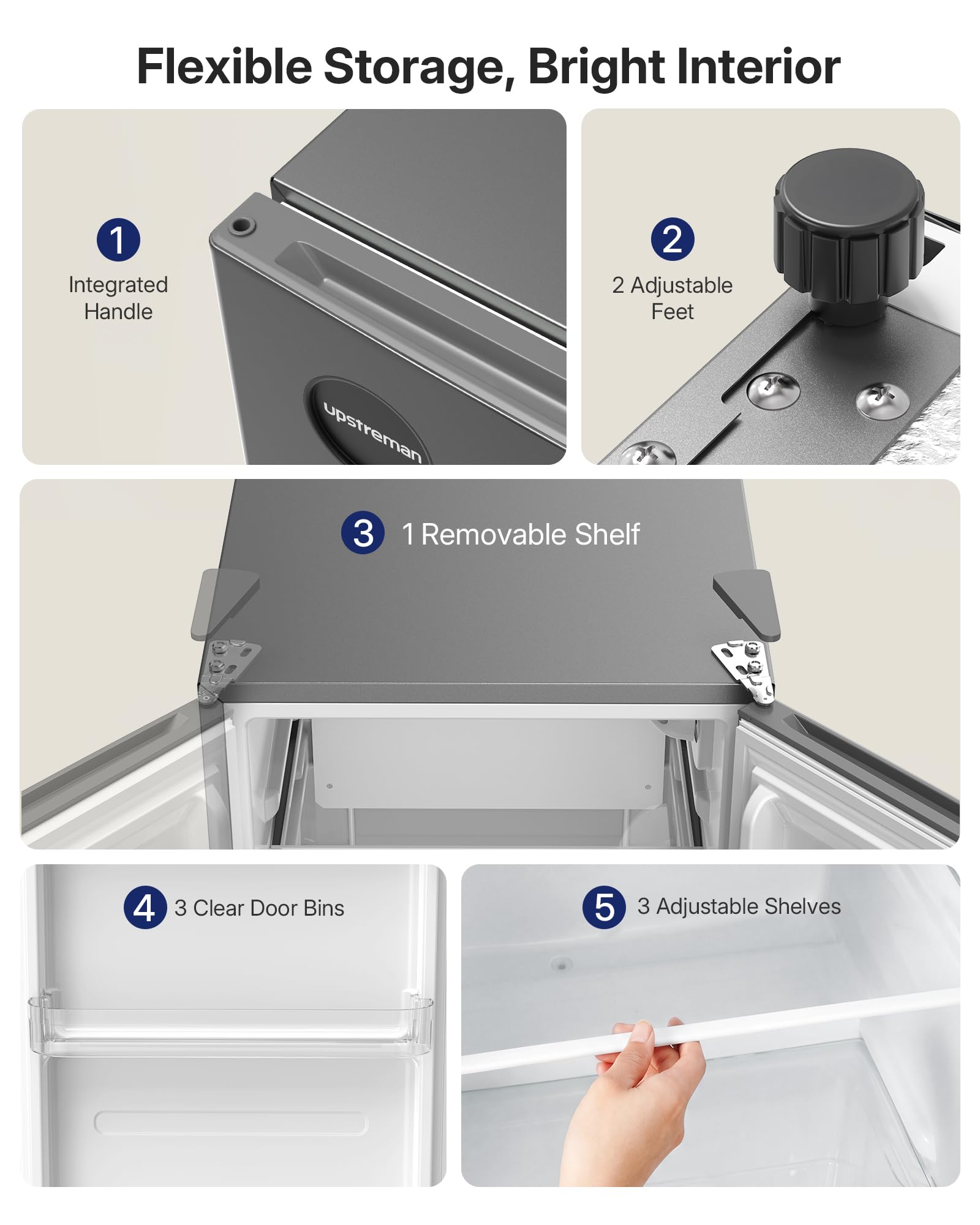 Upstreman 91 Litres Under Counter Fridge Without Freezer 83cm, Small Refrigerator with 1-10℃ Temperature Control, LED Light, Quiet, Compact Refrigerator for Office, Dorm, Dark Grey, CR91 — view 7