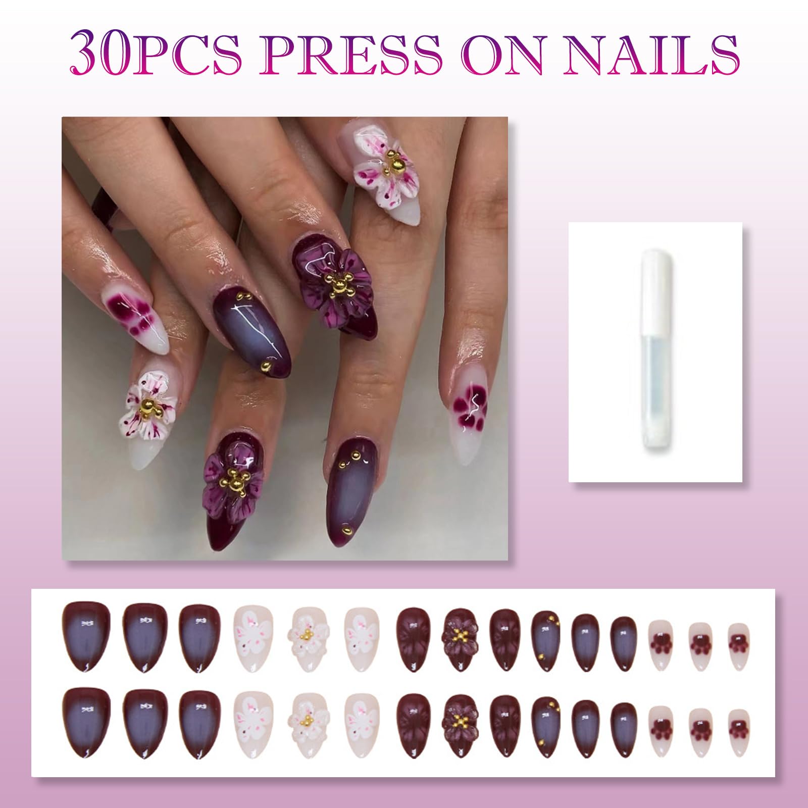 30PCS Blooming Peach Press On Nails with Accessory Tools, Reusable 3D Floral Almond Fake Nails Medium Long - Image 2