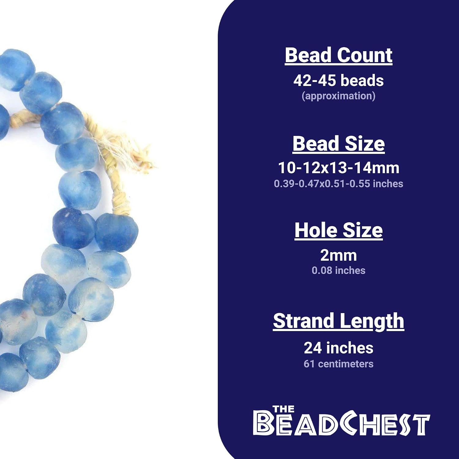The Bead Chest African Recycled Glass Beads – Handmade in Ghana – Cobalt Blue Swirl 14mm Strand for Jewelry Making, Crafts, and Home Decor I Approximately 42-45 Beads