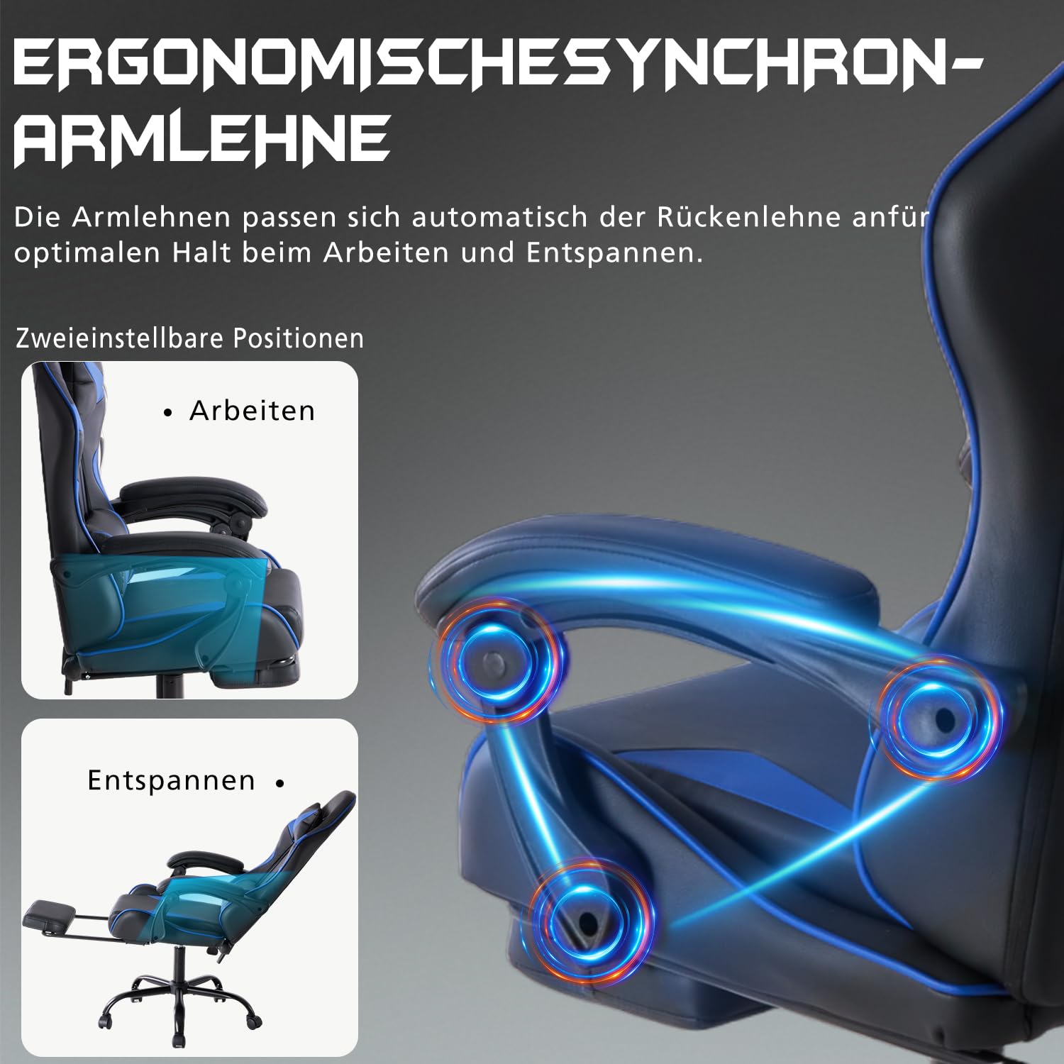 DUMOS Silla para Gaming, Silla ergonómica para Gamer, con reposapiés, reposacabezas y Soporte Lumbar, Altura Regulable, Acolchada, 150 kg, soporta hasta 150 kg, Color Negro y Azul
