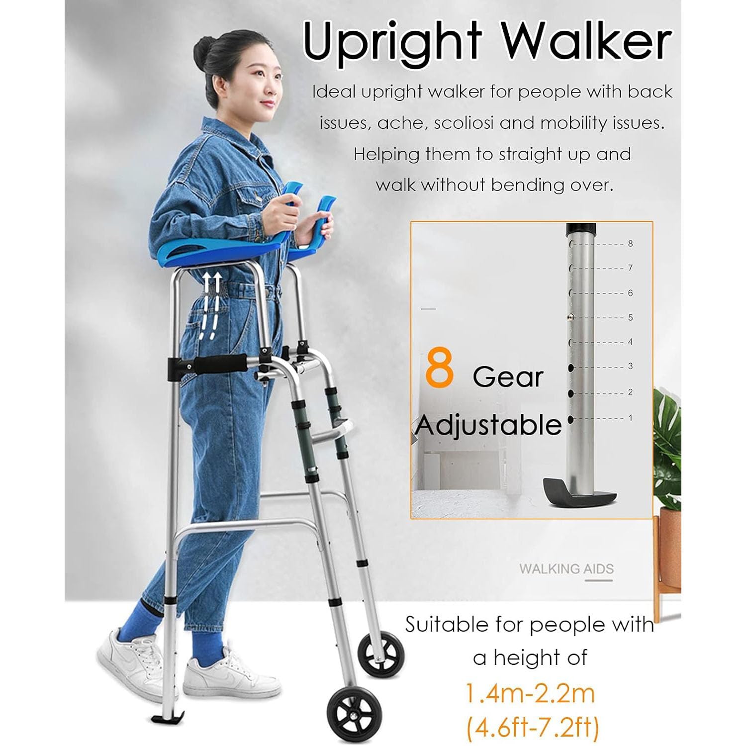 Andador Vertical Ligero, Andador Plegable para Personas Mayores, Andador con Ruedas para Ponerse de pie con apoyabrazos, para Adultos Mayores discapacitados, B