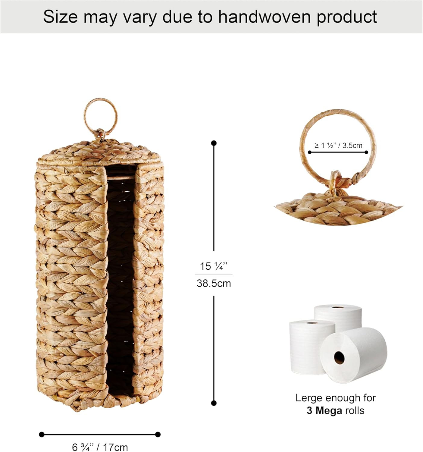 Wicker Toilet Paper Storage Stand with Lid, Toilet Paper Holder for Up to 3 Mega Rolls, Water Hyacinth Toilet Paper Basket Bathroom Accessories Organizer