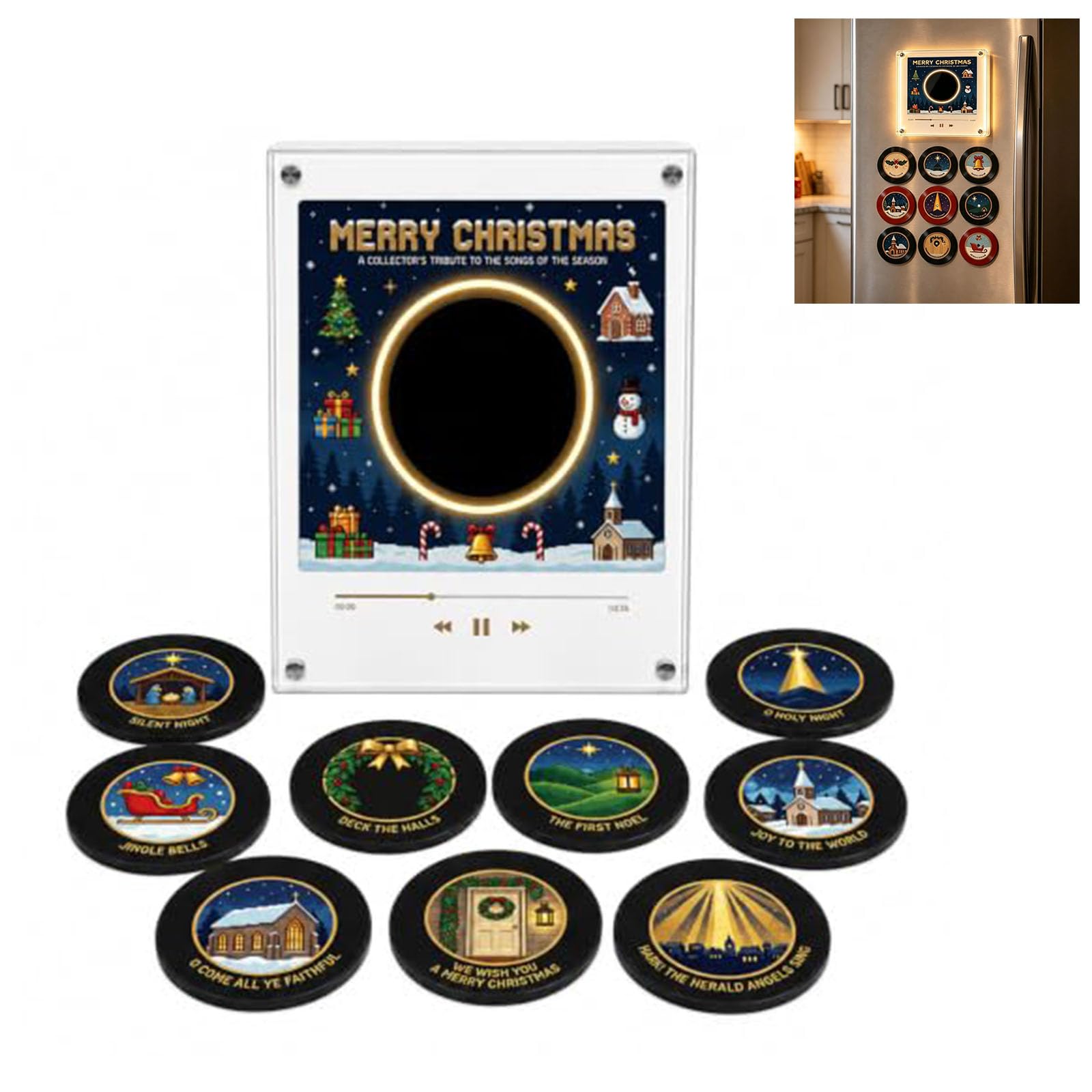 Mini Reproductor de Vinilo navideño con 9 Discos, imán para Nevera (#A)