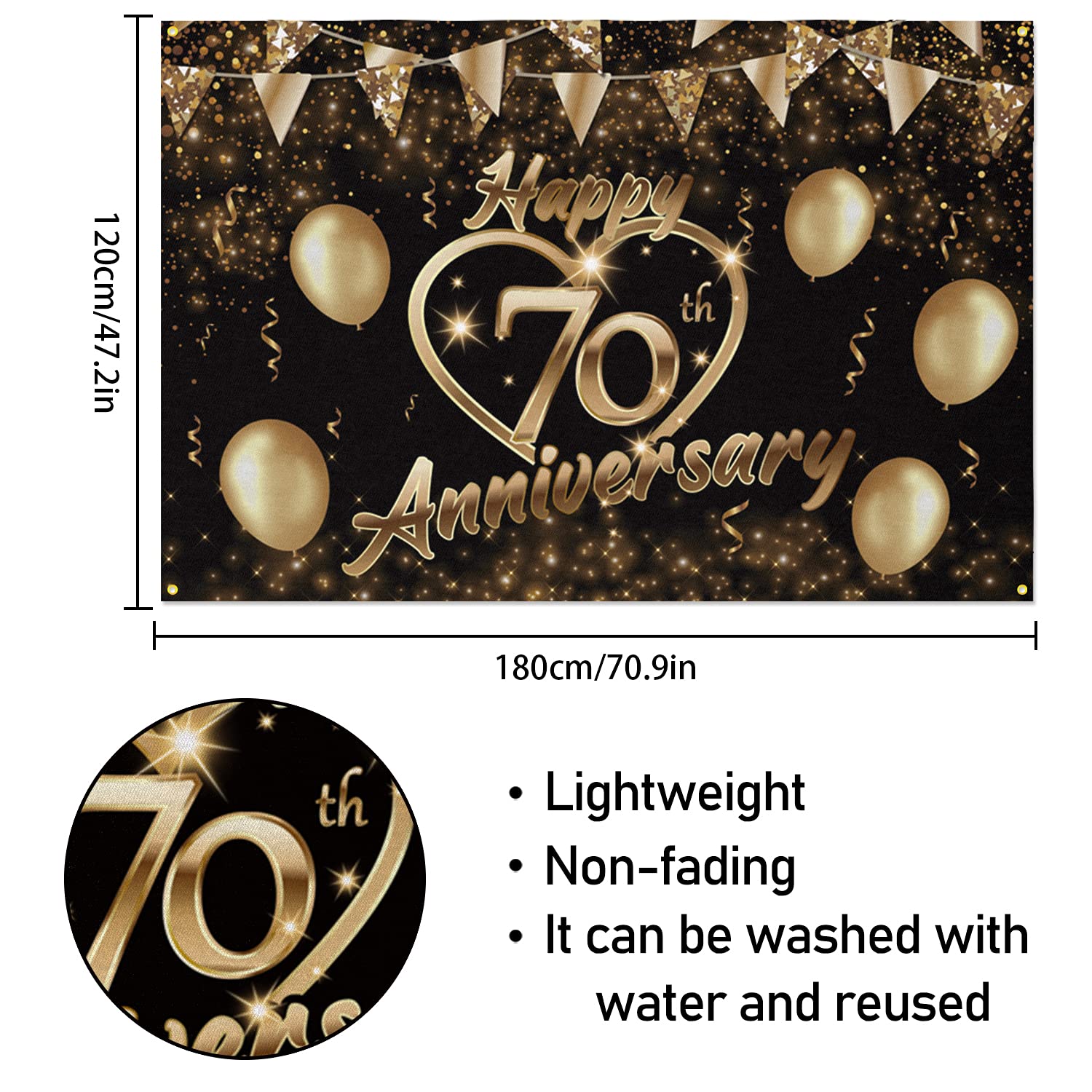Happy 70th Anniversary Backdrop Banner Decor Black Gold – Glitter Love Heart Happy 70 Years Wedding Anniversary Party Theme Decorations for Women Men Supplies
