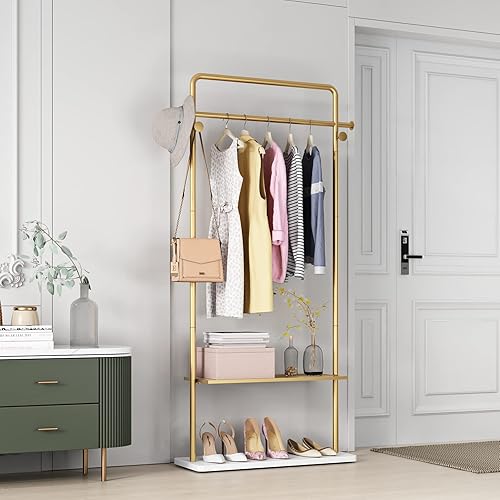 Miniatura 10 de TIEOU Perchero dorado con estante, perchero dorado para boutiques, perchero de ropa independiente para colgar ropa, perchero dorado, pequeño estante