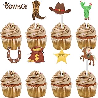 Amosfun 72PCS Cowboy Cupcake Toppers Little Western Cowboy Party Cake Toppers Cowboy Birthday Cupcake Toppers
