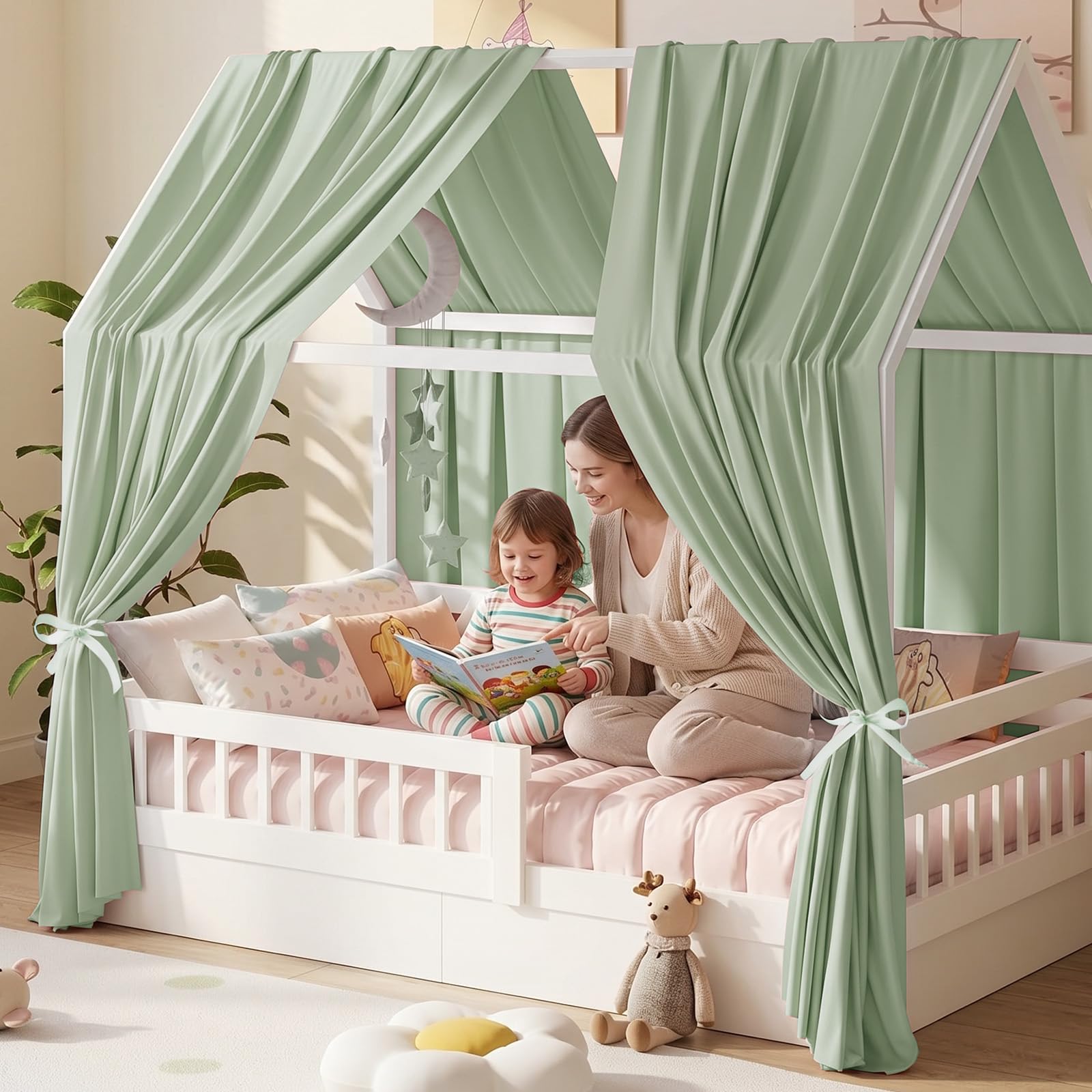 Hausbett Himmel, 2PCS Betthimmel Hausbett, Musselin himmelbett vorhänge, Hausbett Vorhang für Hausbetten, Kinderzimmer Deko Stoffhimmel für Mädchen Jungen Baldachin Kinderbett (H270 x W67CM, Grün)