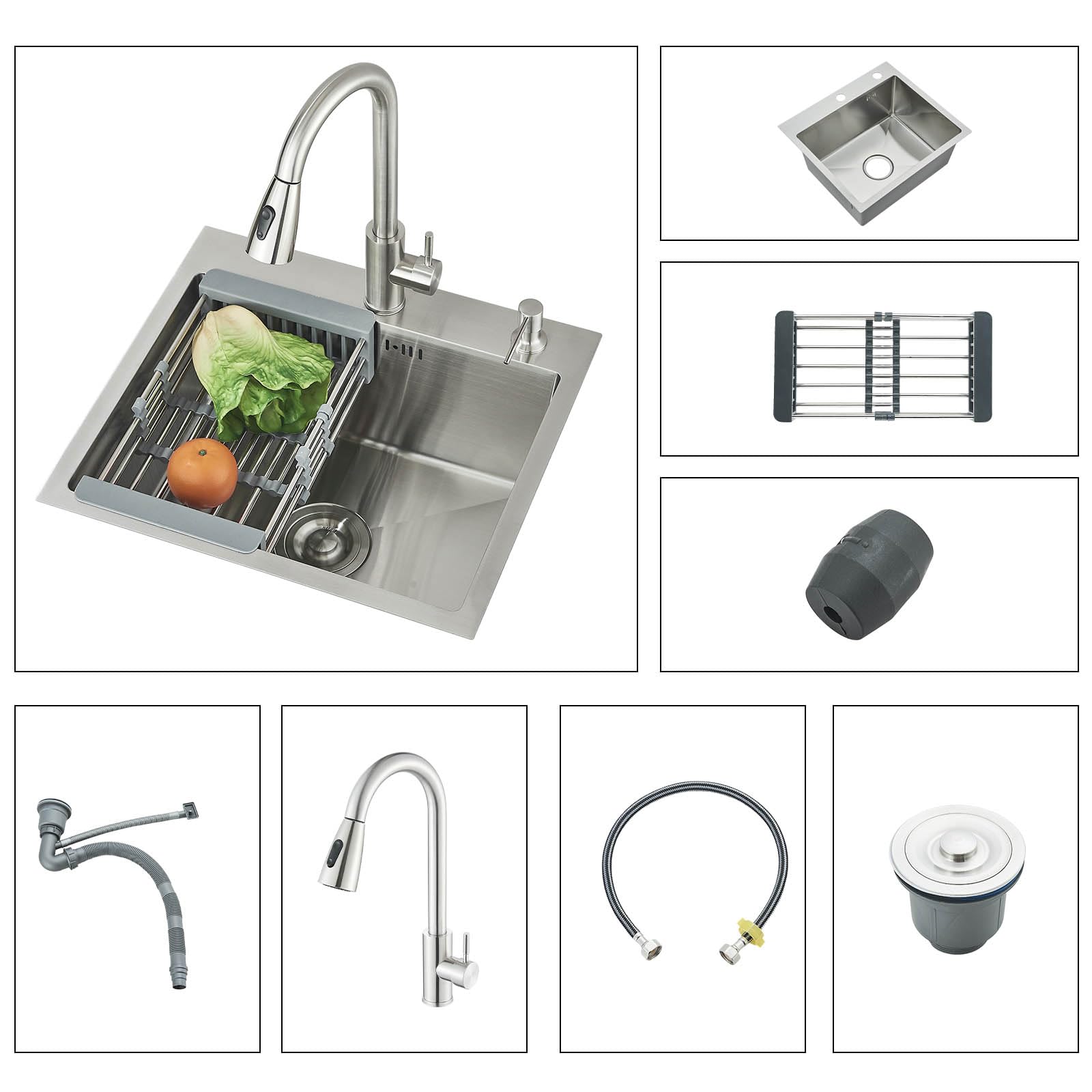 Evier Cuisine 1 Bac 50 * 45CM Acier inoxydable Evier de cuisine avec robinet extensible Distributeur de Savon avec Egouttoir,Brossé