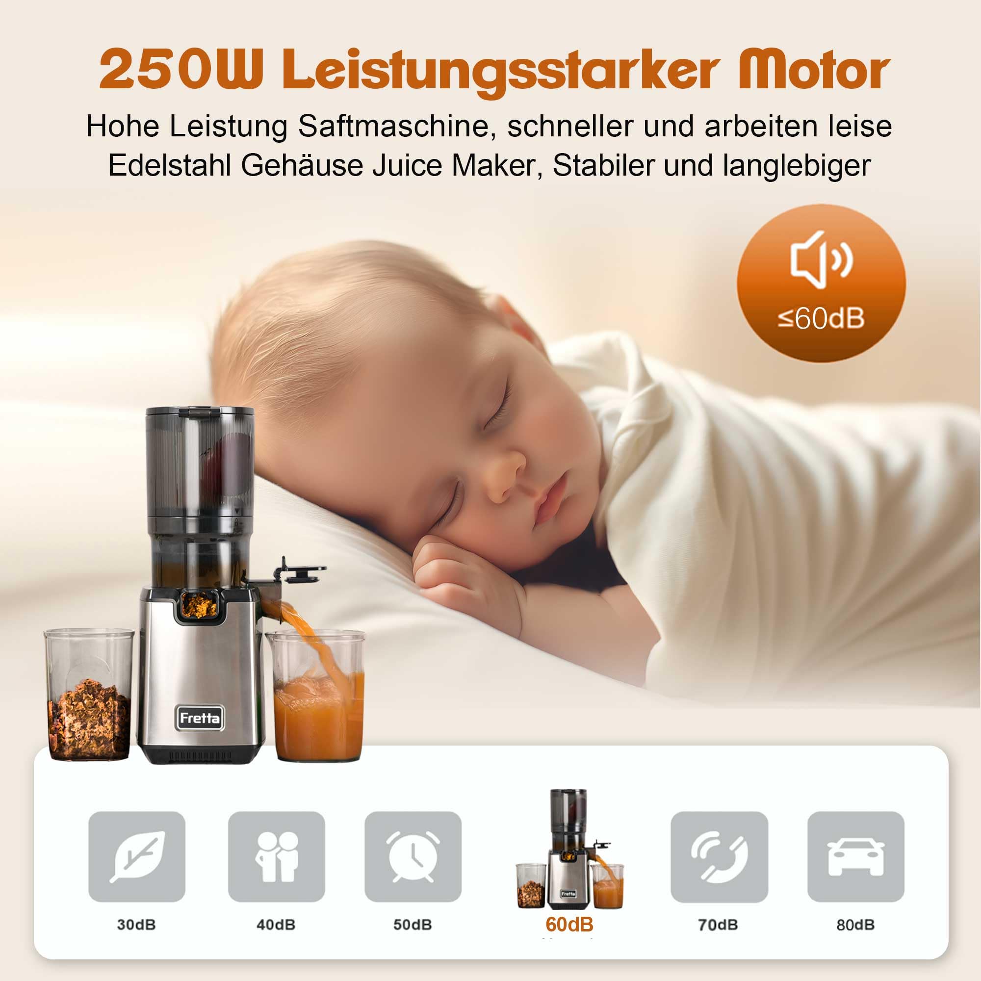 Fretta Entsafter Slow Juicer Machine, Entsafter Gemüse und Obst Testsieger | BPA Frei, 250W, Edelstahl, 135mm Öffnung, Ganze Früchte, Leicht zu Reinigen, Leiser, Umkehrfunktion, Hohe Saftausbeute