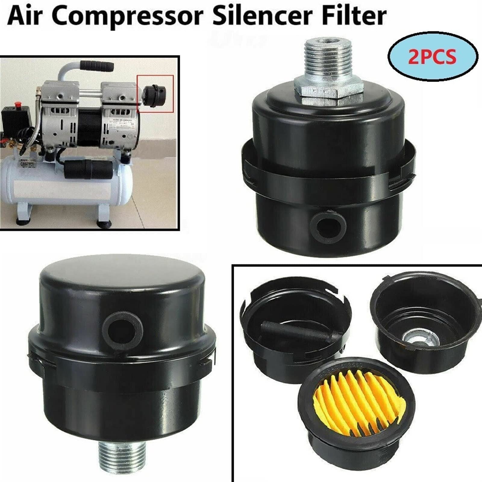 2 PCS compressore Aria silenziatore da 16 mm in Metallo di aspirazione Nera silenziatore di Rumore Adatto for Un compressore d'Aria Senza Olio for Un Elemento Filtro