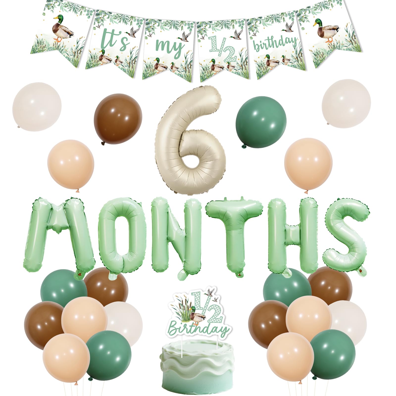 Mallard Duck Party Decorations Duck Half Birthday Party Decor Supplies Includes It's My 1/2 Birthday Banner Balloons, Cake Toppers for Boy Girl Duck Hunting Theme Bday Party Supplies