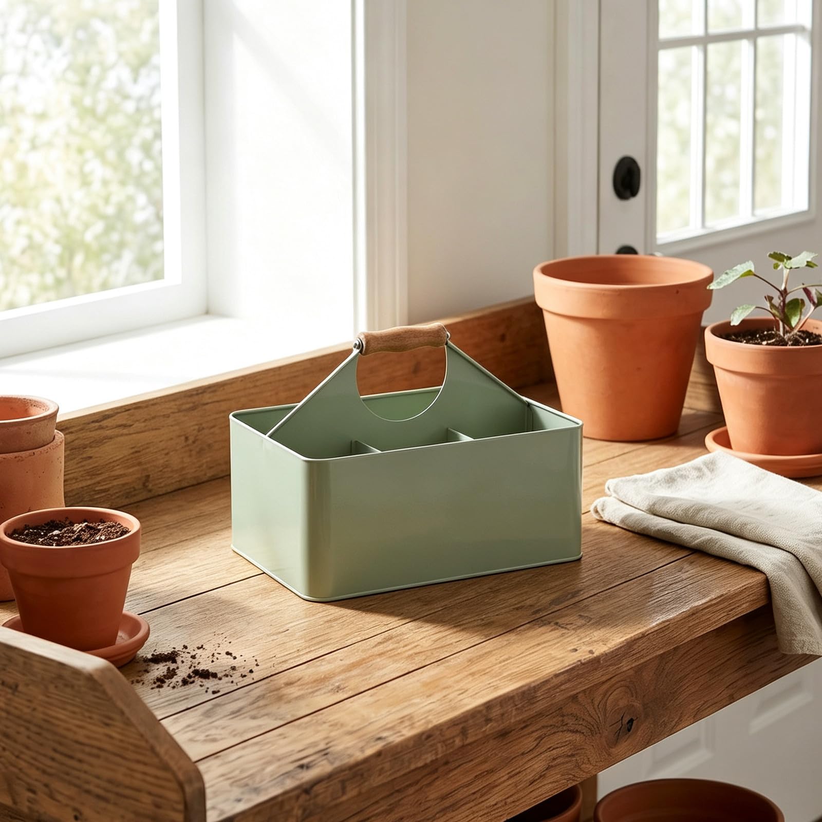 TOYANDONA Caja de Almacenamiento para Semillas de Jardinería de Hierro con 4 Compartimentos y Asa, Fácil de Limpiar, Adecuado para Balcones y Alféizares, Color Verde, Tamaño 29.5x22.6x20 Cm