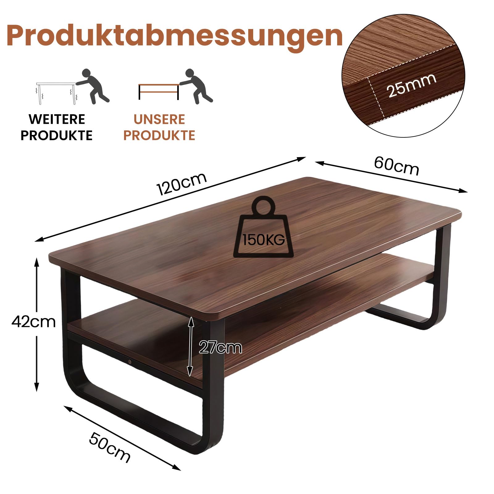 Couchtisch Rechteckig mit Stauraum, 120cm Wohnzimmertisch Sofatisch, Braun