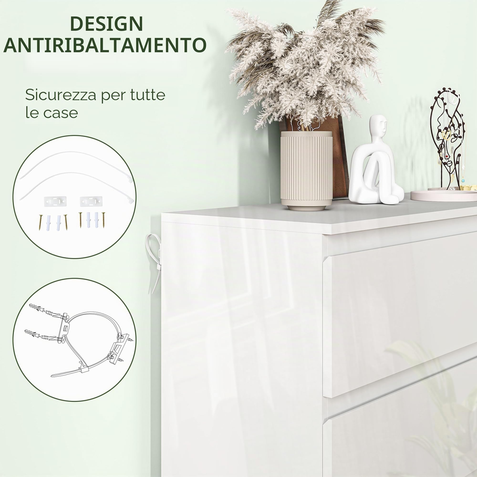HOMCOM Cassettiera 4 cassetti 55x34x75cm bianco lucido