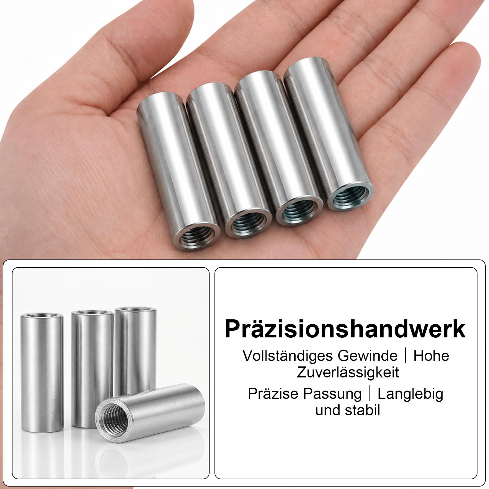 4 manicotti filettati M10 x 40 mm, rotondi, in acciaio inox 304, manicotto filettato V2A M10, filettatura interna, dado di collegamento, dado distanziatore, dado di prolunga