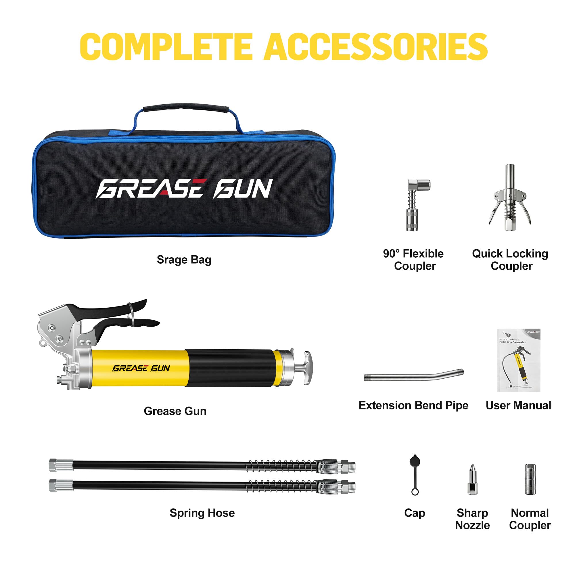Zestaw pneumatycznych smarownic, 10000 PSI Heavy Duty Pistolet do smarowania o pojemności 400 ml, 2 x 45 cm elastyczne węże z żywicy, 4 uniwersalne łączniki i sztywna rura przedłużająca