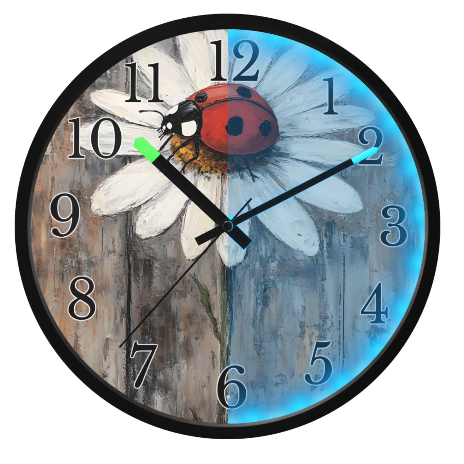Mnsruu White Daisy - Reloj de pared de madera con diseño de mariquitas, funciona con pilas, silencioso, brilla en la oscuridad, para sala de estar, cocina, 30,5 cm