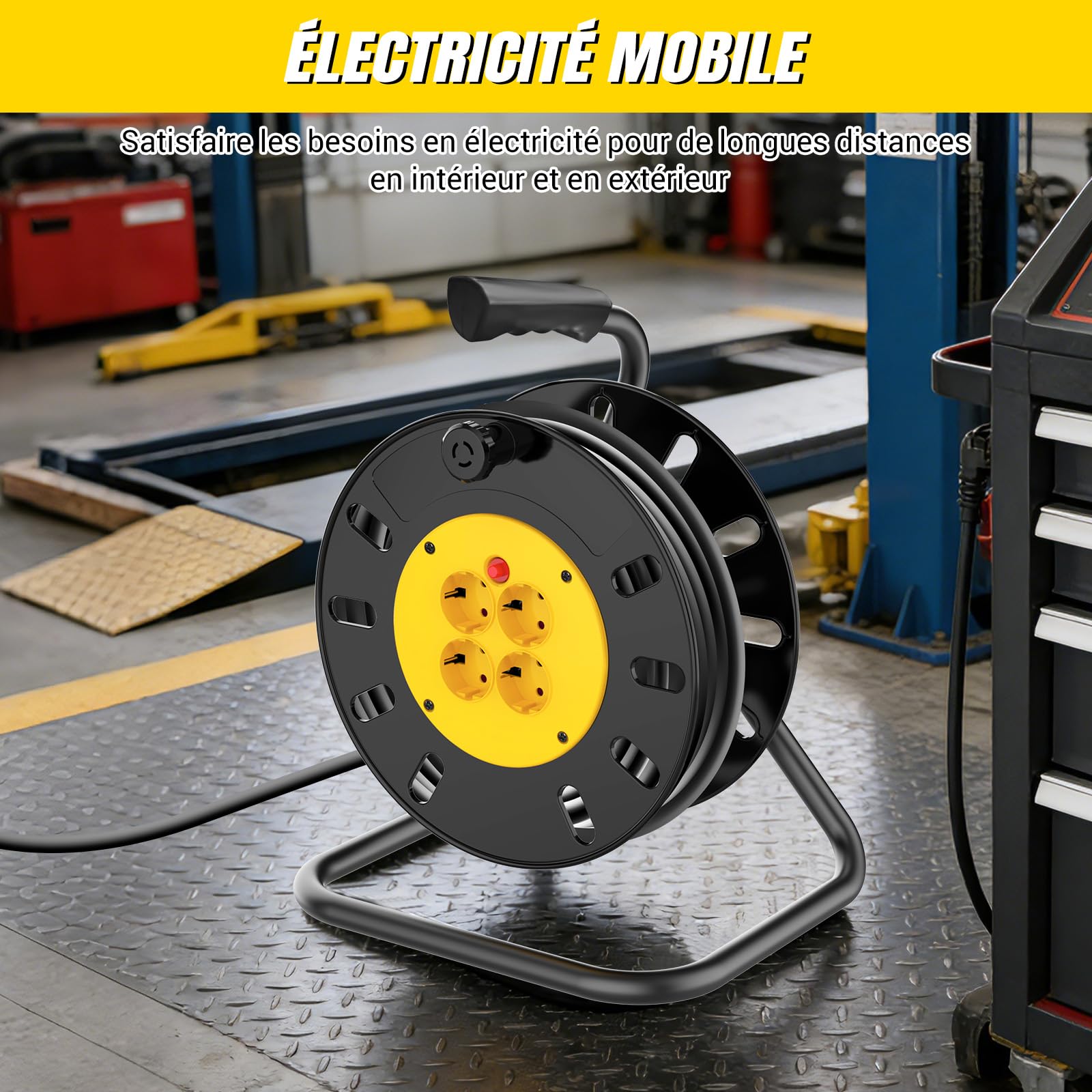 Rallonge électrique extérieure robuste, enrouleur de câble de 25 m, enrouleur à 4 prises avec protection thermique, prise UE 13 A, idéale pour les tondeuses à gazon et les outils électriques