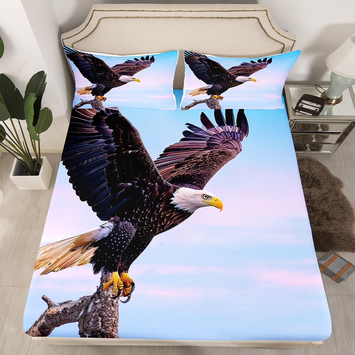 Manfei 3D Eagle Kids Fitted Sheet Double Size, Flying Bird Eagle Bed Cover, Wild Animal Theme Bedding Set for Boys Teens Adults Bedroom, Lightweight Bedding, 2 Pillowcases — image 1