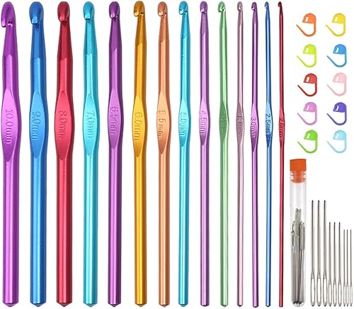 Juego de 14 ganchos de ganchillo de aluminio multicolor para ganchillo, con marcadores de puntada y agujas romas de ojo grande de 0.079 in/0.098