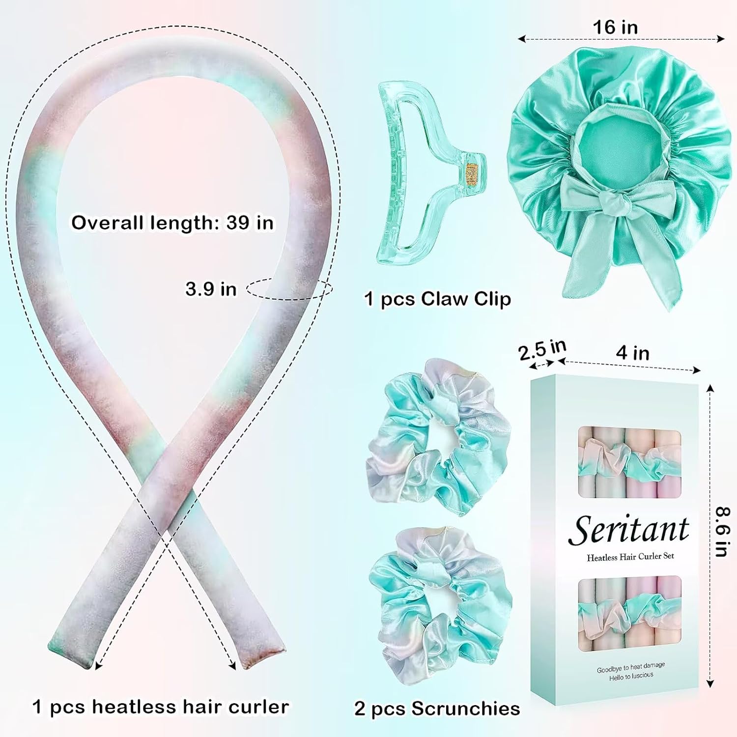 Heatless Hair Curler for Overnight Curls | No Heat Curling Rod Set with Satin Bonnet | Sleep-In Safe Blowout Rods for Frizz-Free Waves Green Tie Dye thumbnail