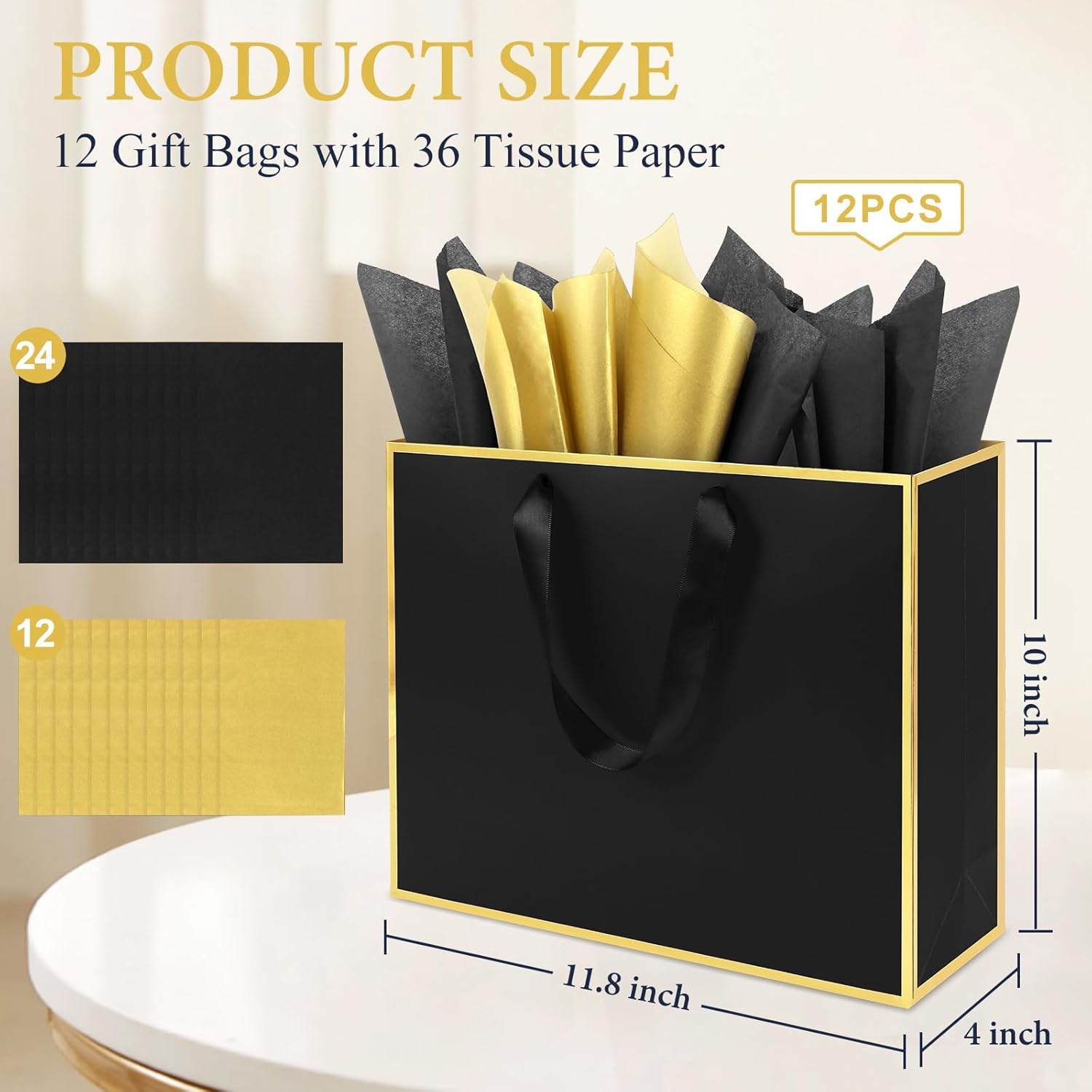 Addblu 12 Pack Large Gift Bags with Handles - Includes 36 Tissue Papers, 11.8x10x4 Inches for Thank You, Wedding, Bridesmaid, Christmas, Birthday, Party Five Senses Gifts (Black and Gold Trim, 12Pcs) - Image 2