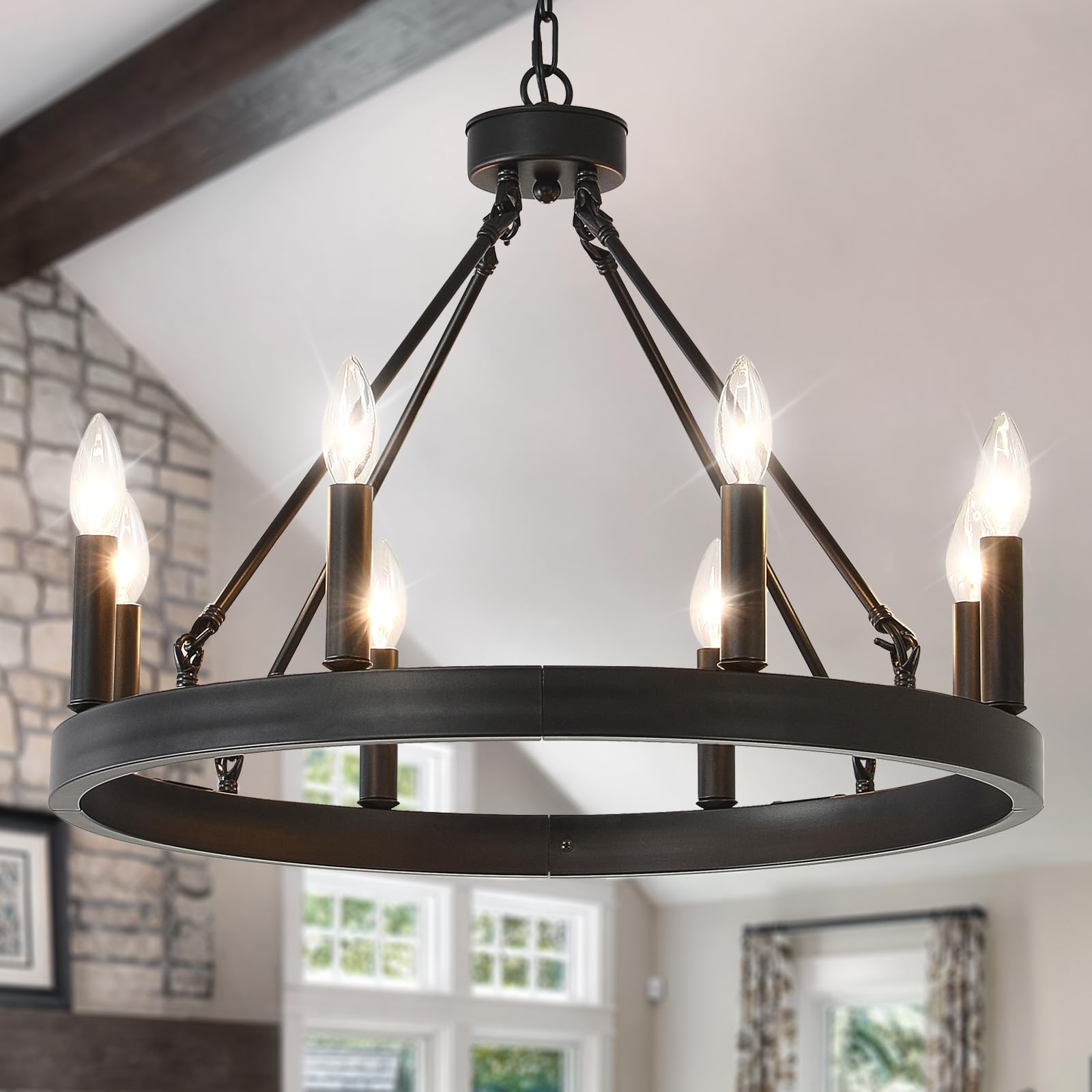 NILSE Wagon Wheel Chandelier Farmhouse 24-Inch, 8-Light Modern Black Chandelier for Dining Room, Round Iron Industrial Chandeliers Light Fixture for Living Room, Foyer, Entryway, E12