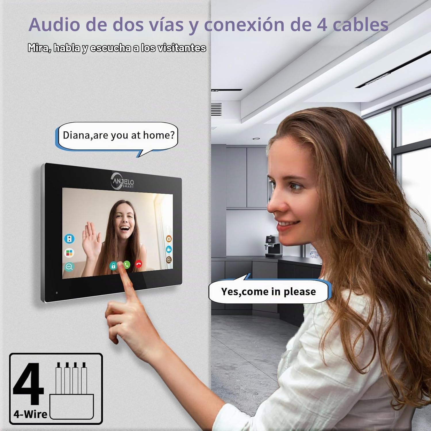 ANJIELO SMART 1080P Video Timbre Cámara con Pantalla Táctil de 7 pulgadas Video Timbre Intercomunicador (4 Cables) Soporte Grabación Automática Infrarrojo Visión Nocturna PIR Detección de Movimiento